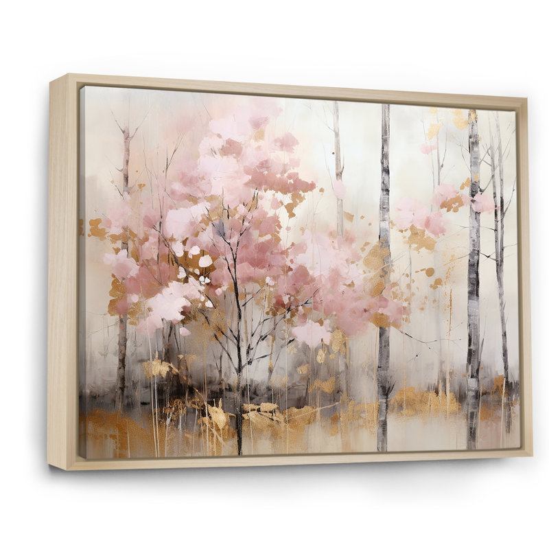 «Minimalisme rose et forêt dorée», reproduction sur toile, Cadre naturel flottant, H 30 po x l 40 po x P 1,5 po