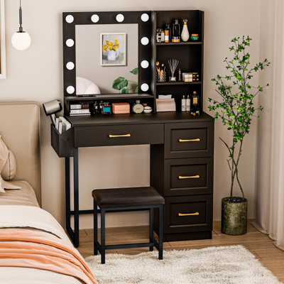 Makeup Vanity Table With Stool 2 Drawers, 3 Color Modes Available For Bedroom by Ebern Designs