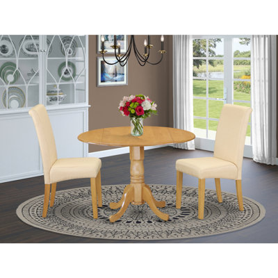 L'ensemble de table de salle à manger 3 pièces contient une table ronde avec Dropleaf et 2 chaises rembourrées en tissu de lin beige clair, 42 x 42 pouces, chêne