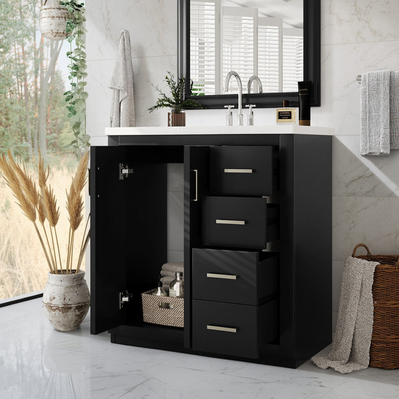 Meuble-lavabo autoportant avec lavabo en céramique, structure en bois massif, 3 tiroirs, portes à fermeture en douceur, 30"