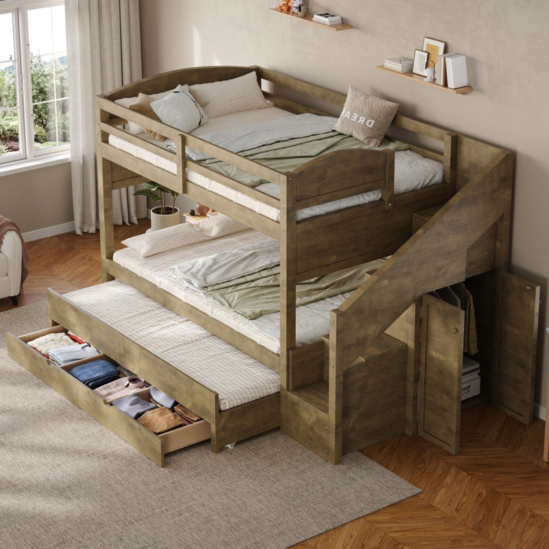 Lit simple superposé simple avec lit gigogne, trois tiroirs de rangement, escalier de rangement et garde-robe, Walnut