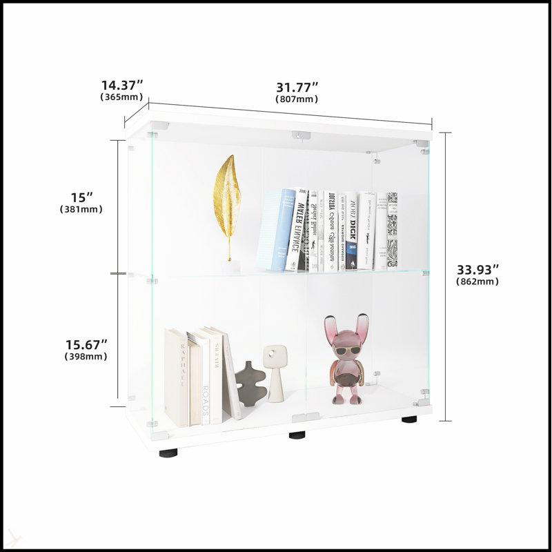 Vitrine à deux portes en verre avec 2 tablettes, bibliothèque de plancher sur pied pour objets de collection et décor