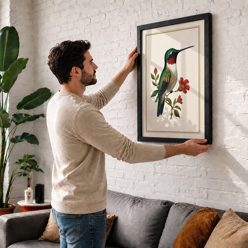 Hummingbird and Blossoms Botanical - Framed Print, A1 - 84.1 x 59.4 cm, Oak