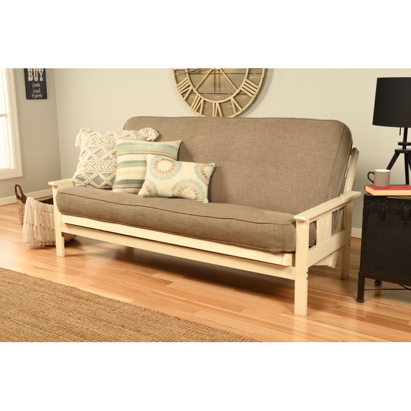 Stratford Full 79" Futon Frame and Mattress with Drawer Set, Stone Linen, Barbados