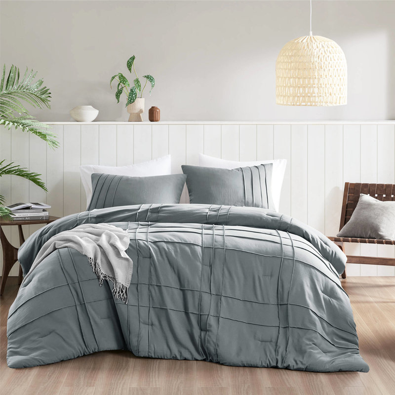 Couette douce lavée pour lit simple/simple XL avec taies d'oreiller assorties, plis pincés raffinés, utilisable toute l'année, en microfibre lavable à la machine, motif quadrillé élégant, taie d'oreiller à rabat, entretien facile