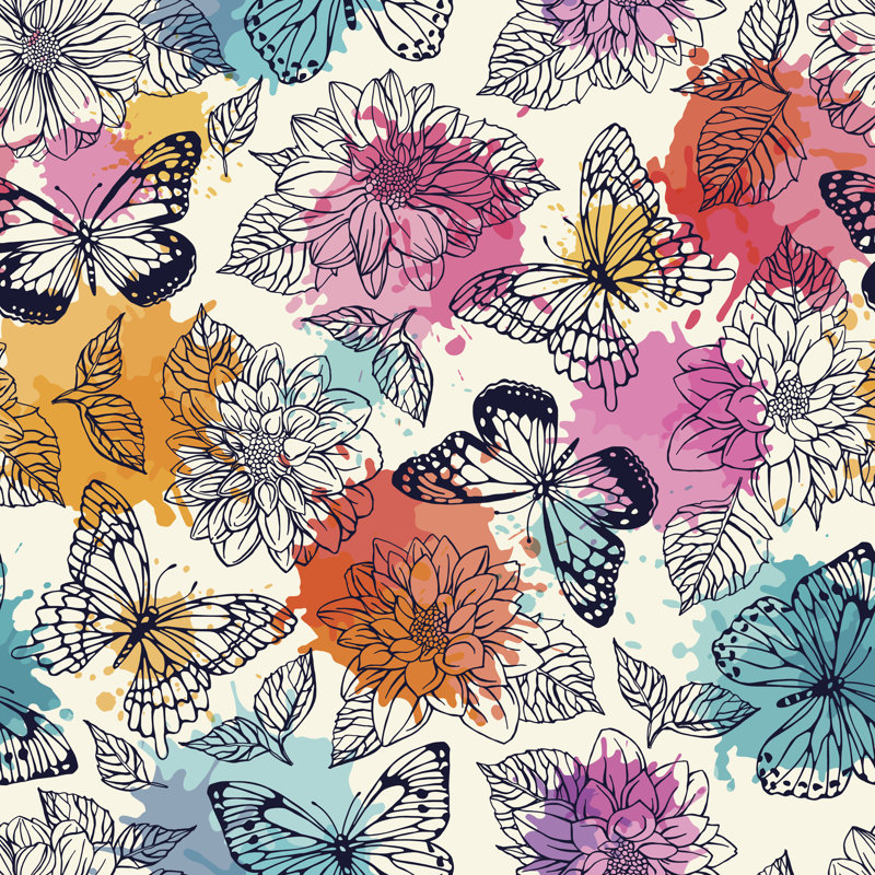 Papillons et dahlias par Xenia_Ok, H 12 po x l 12 po