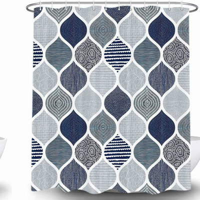 Modern Boho Geometric Shower Curtain Set - Navy Blue & Grey Paisley Design
