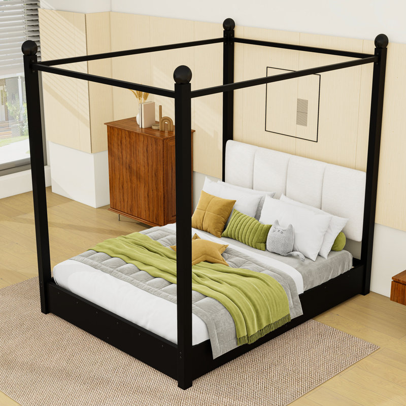 Lit plateforme à baldaquin en bois avec tête de lit tapissier, Grand lit, Noir