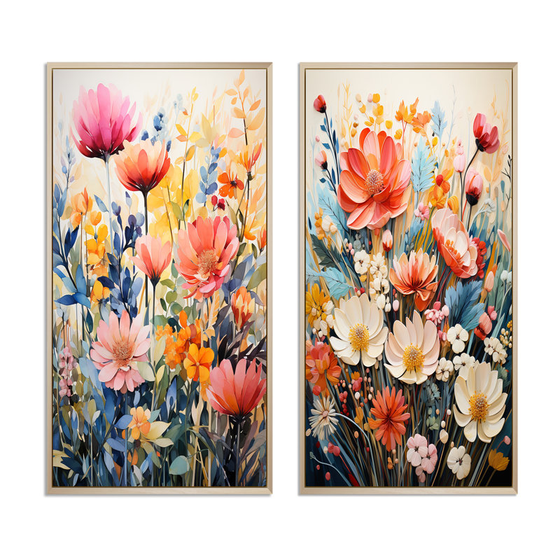 " Multicolored Flowers Collage " 2 - Pieces, Brown Framed, 40" H x 40" W