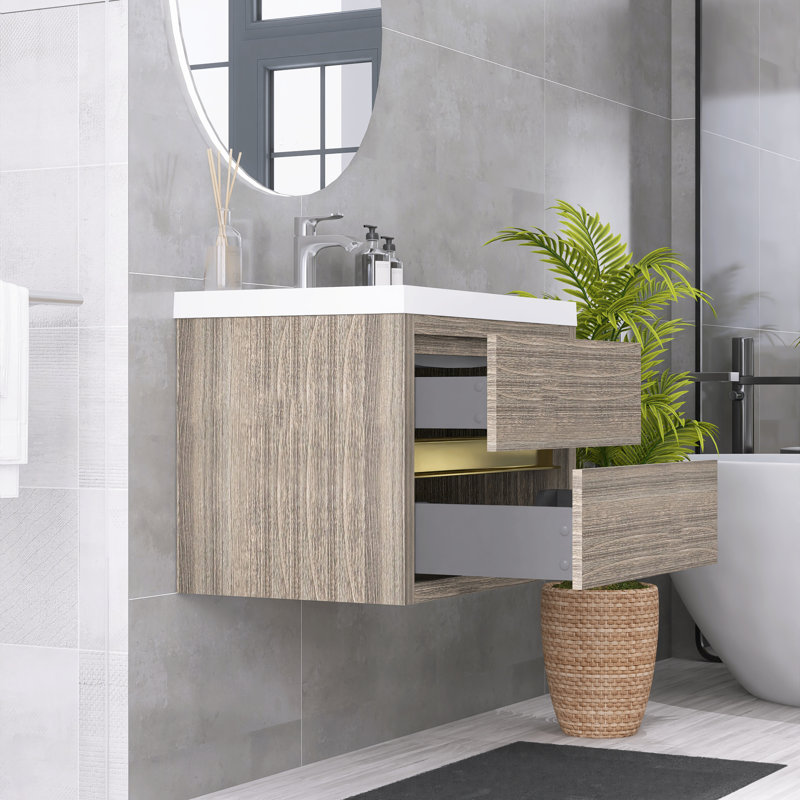 Ensemble de meuble-lavabo simple mural moderne 30 po avec lavabo en résine, 30", Bois de frêne gris