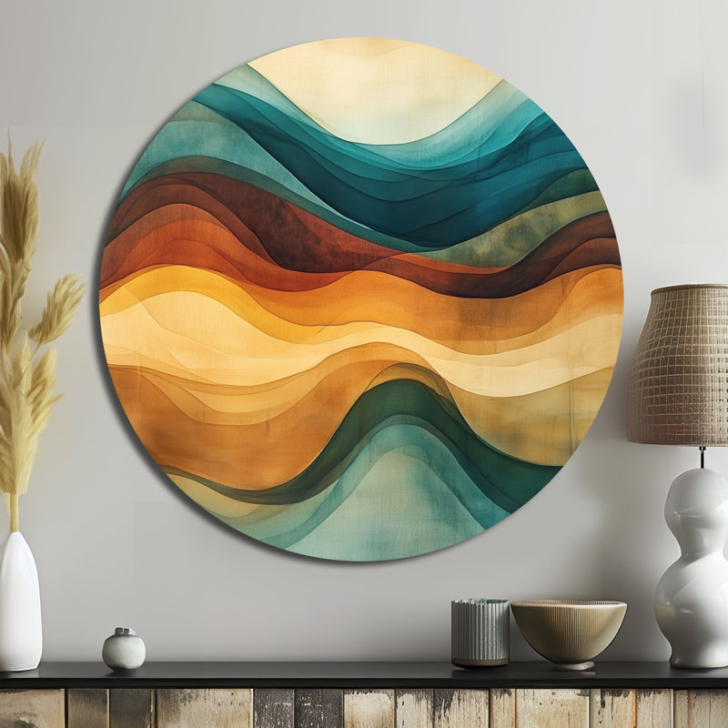 Vagues de turquoise et brun - art mural rond abstrait en métal, L 16 po x H 16 po