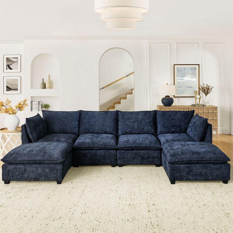 Comfy Cloud Couch Sectional  4 Seat Sofa With 2 Ottoman, Chenille Sofa Sleeper Deep Seat Sofa With Throw Pillows For Living Room