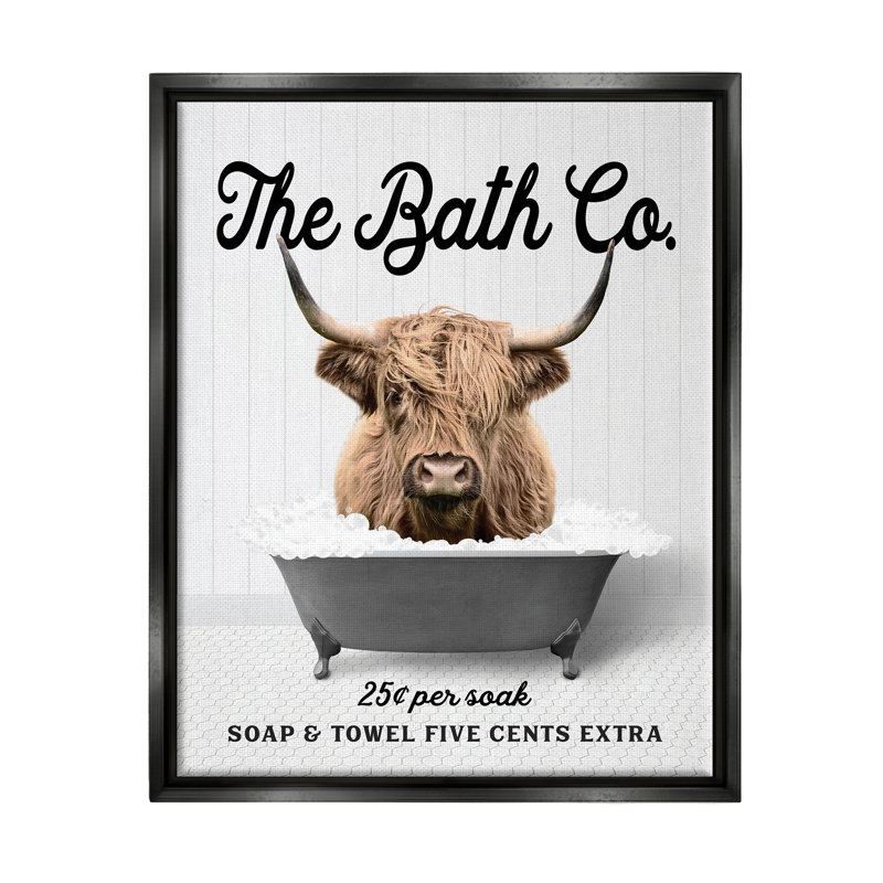 «Bubble Bath Highland Cow», art mural encadré sur toile flottante par lettré et doublé, Cadre flottant noir de jais