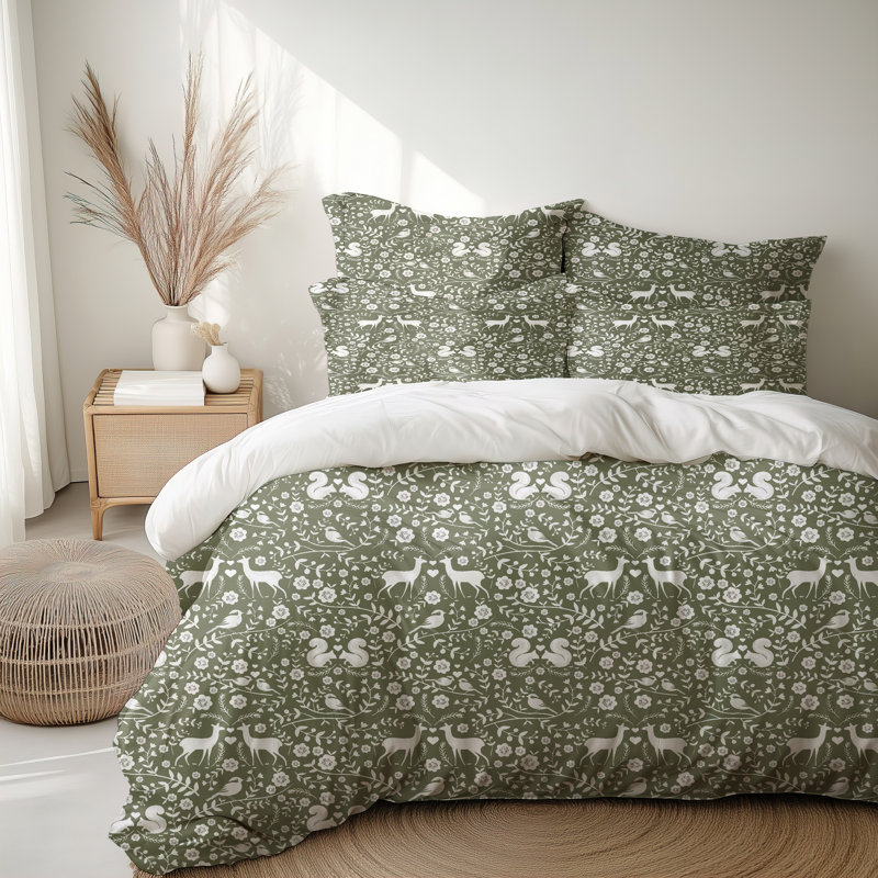 Ensemble de housse de couette à motif floral Sage Green, Housse de couette pour grand lit et 2 taies décor