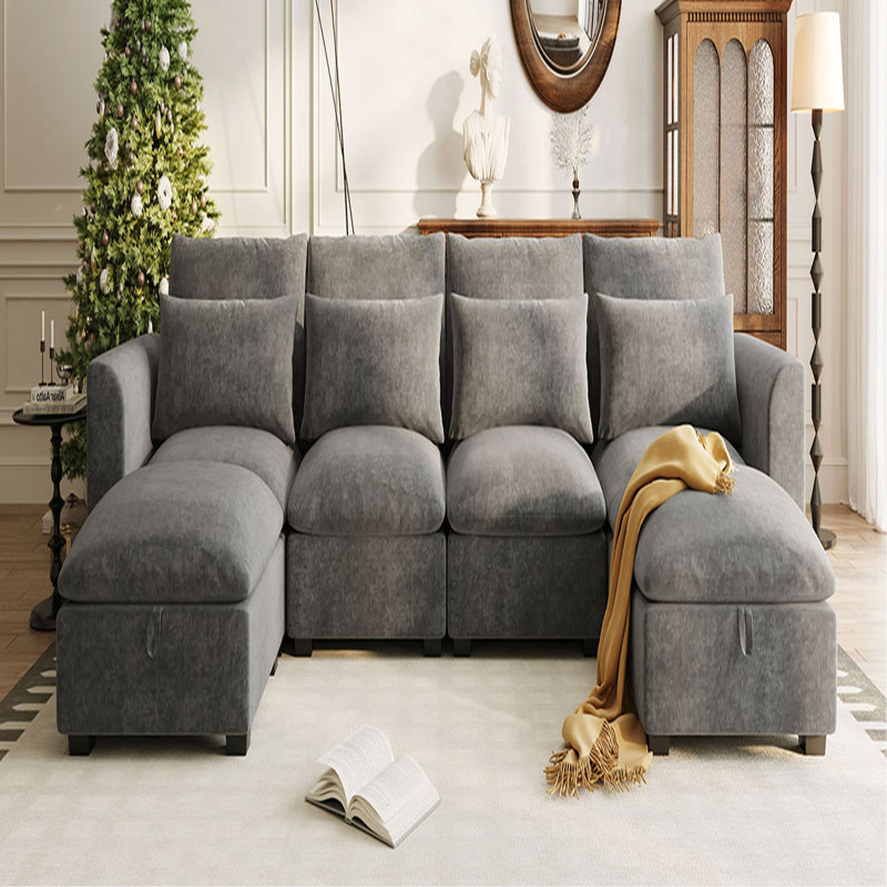 Canapé d'angle modulaire en U avec deux repose-pieds U_Style, Mélange de lin gris