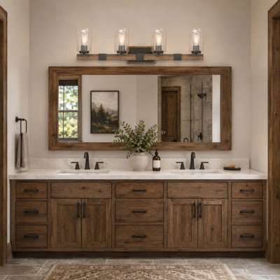 4-Light Indoor Black Walnut Bath or Vanity Light Bar or Wall Mount with Clear Seedy Bubble Glass Cylinder Shades