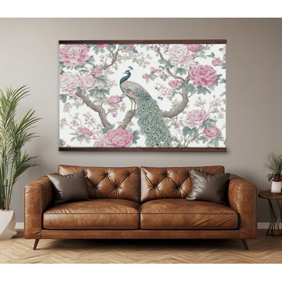 Peacock & Peony Chinoiserie Canvas Tapestry with Wood Hanger – Vintage Floral Wall Art, Ready to Hang