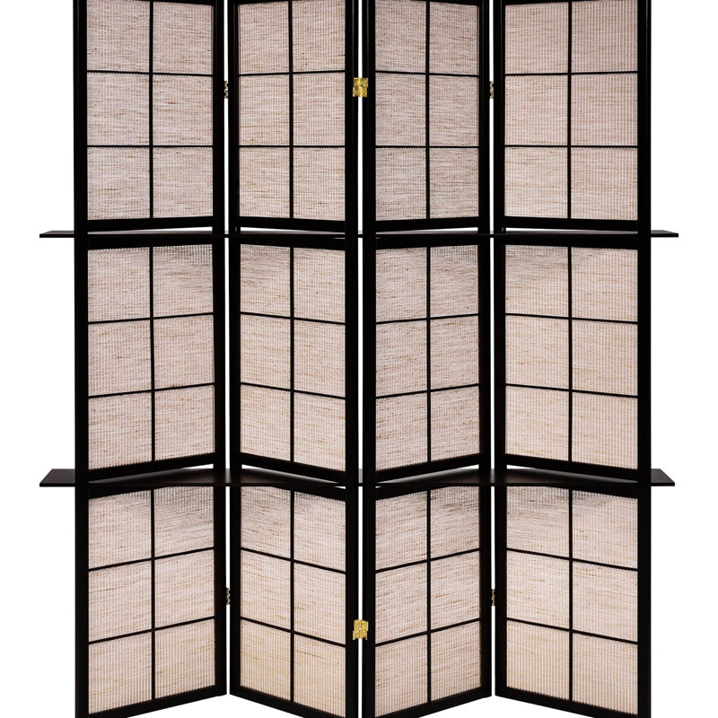 Tan And Cappuccino Folding Screen With Shelves, Improves Transitional Decor Finish 4 Panels Stylish Storage Shelves