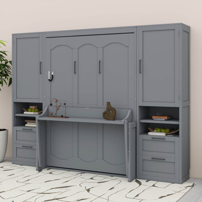 Lit escamotable peu encombrant avec armoire latérale, tablette de rangement, garde-robe et tiroirs