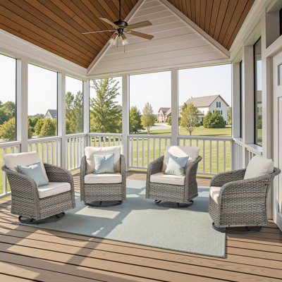 Ensemble de 4 meubles de patio pour l'extérieur, chaises berçantes pivotantes en forme de tonneau toutes saisons avec coussins amovibles et épaissis, ensemble de salon extérieur pour jardin, porche, cour, bord de piscine