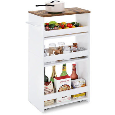 Slim Rolling Storage Cart, Wood 4-Tier Narrow Kitchen/Laundry Cart,Thin Cabinet with Wheels and Handle, Use as Spice Rack Next to Fridge, Laundry Room Organization Between Washer & Dryer(White)