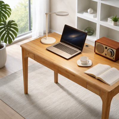 Bureau en bois massif avec tiroirs, bureau debout avec bords lisses, bureau à domicile pour petits espaces, bureau moderne Mid-Century pour bureau, chambre à coucher, salon, bureau (couleur bois naturel)