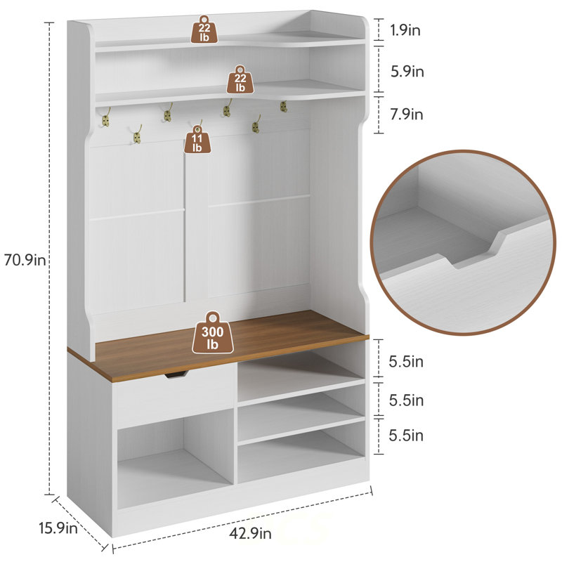Hall Tree With Bench, 5-In-1 Entryway Storage, 3-Layer Flip Shoe Cabinet, 7 Coat Hooks, Drawer, 42.9" X 15.94" X 70.86", Country White, Shoe Storage
