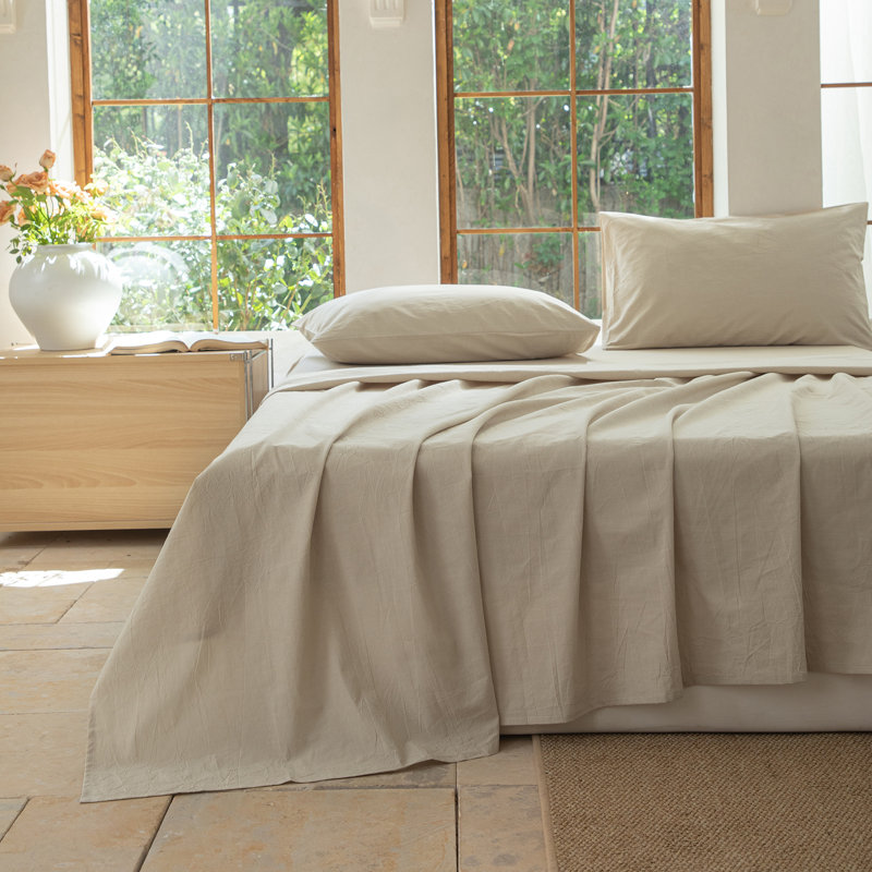 100% Washed Cotton Bedding Sheet Set 4 Pieces,1 Fitted Sheet,1 Flat Sheet and 2 Pillowcases,Comfy Textured Sheet Set, Beige