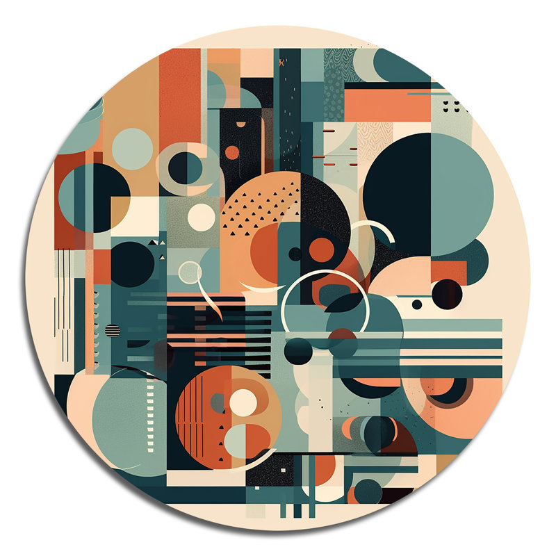 Art minimaliste bleu et orange II - Minimalisme abstrait, art mural rond sur métal, H 16 po x l 16 po x P 1 po