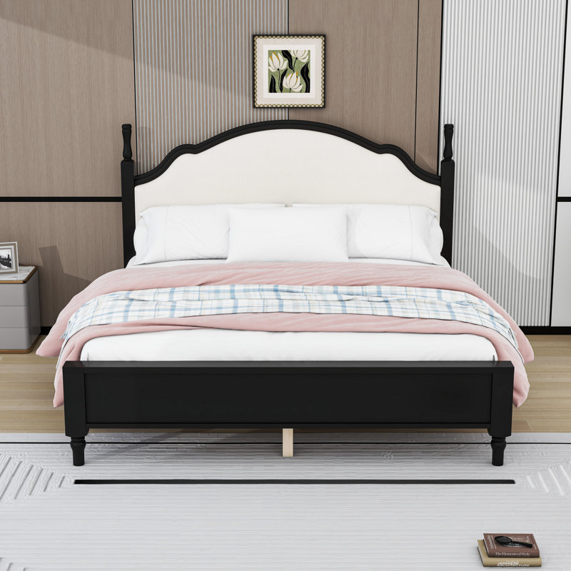 Base de lit plateforme en bois avec tête de lit, Black/Beige, Très grand lit