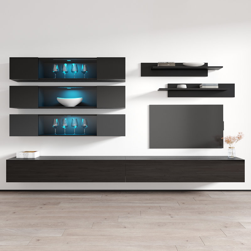Meuble audio-vidéo mural flottant de 126 po avec éclairage à DEL 16 couleurs Nason, finition brillante, Noir