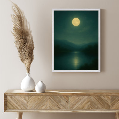 Reproduction d'art encadrée - Pleine lune au-dessus d'un lac de montagne, paysage romantique pour chambre à coucher ou coin tranquille
