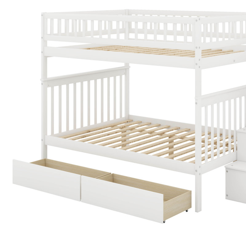 Full Over Full Bunk Bed With Drawers, White