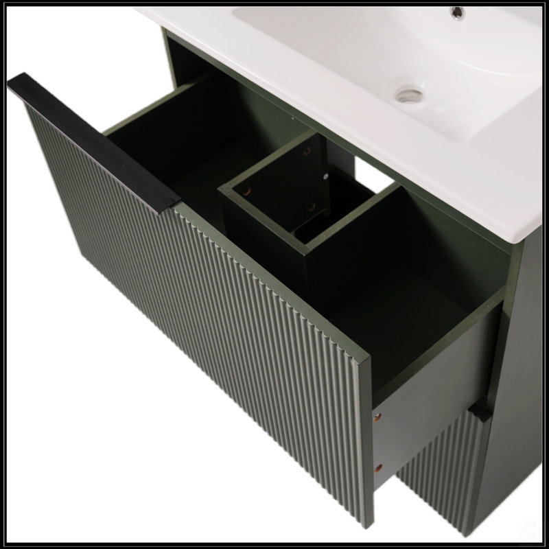 Meuble-lavabo de 30 pouces avec lavabo en céramique, tiroirs pleine extension et conception cannelée faite à la main, Vert