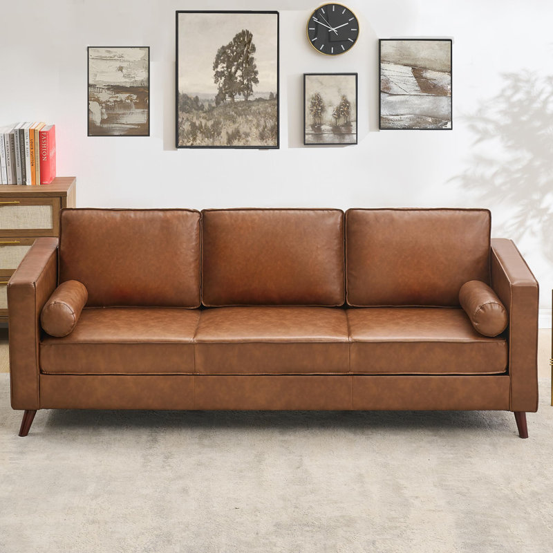 81" Leather Sofa, Mid Century Modern Deep Seat Couch, Upholstered Cushion&Removable Cover, Brown PU Couch