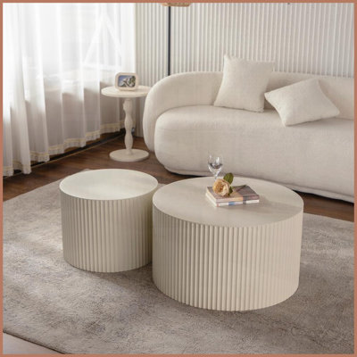 Round Wood Coffee Table with Handcrafted Relief - No Assembly for Small Spaces, Durable & Safe