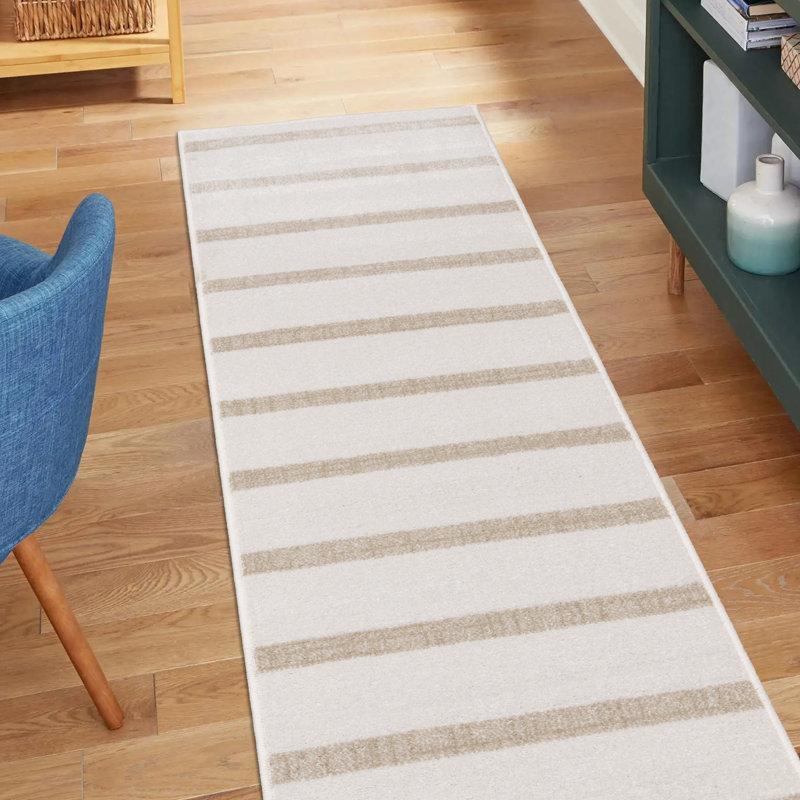 Wum Striped Machine Woven Polypropylene Area Rug in Beige/Cream, Runner 2' x 7'7", Beige/Cream