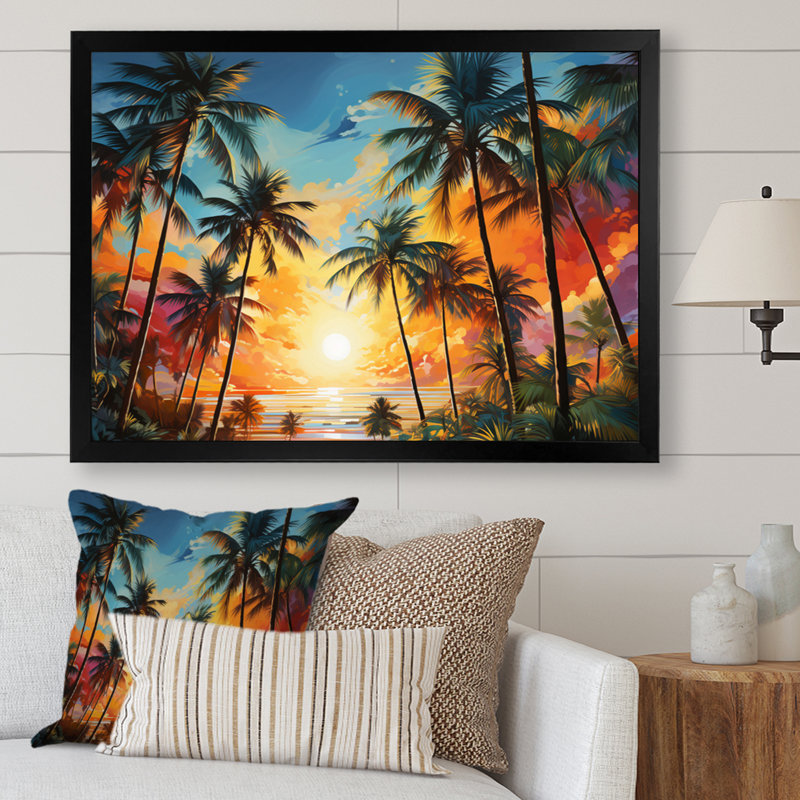 Collage de palmiers colorés VI - reproduction sur toile, H 30 po x l 40 po x P 1,5 po, Cadre photo noir