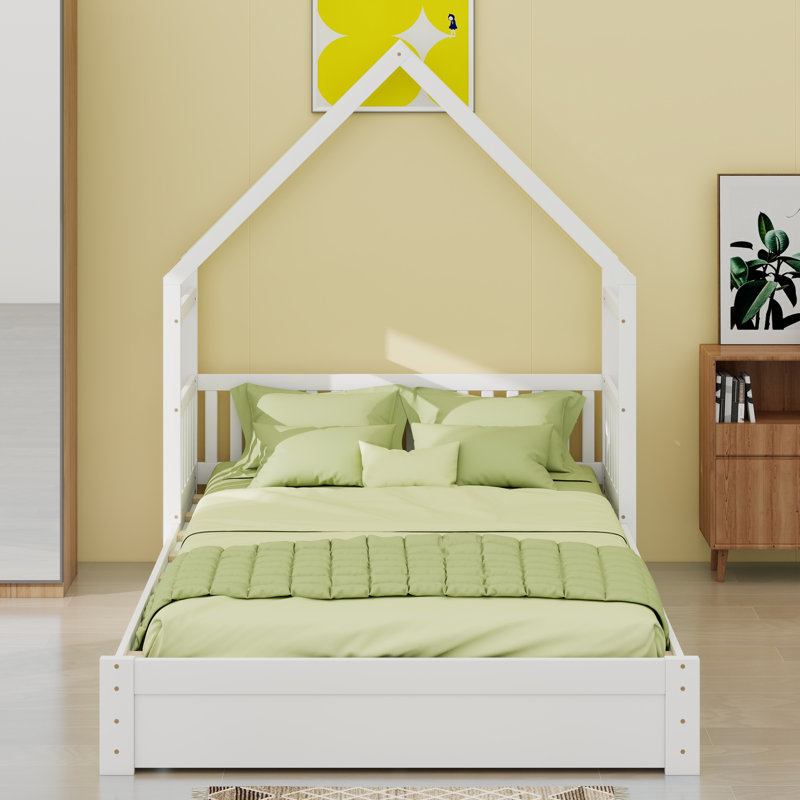 Structure de lit plateforme en bois massif avec toit, tête de lit garde-corps et 2 tiroirs, Blanc
