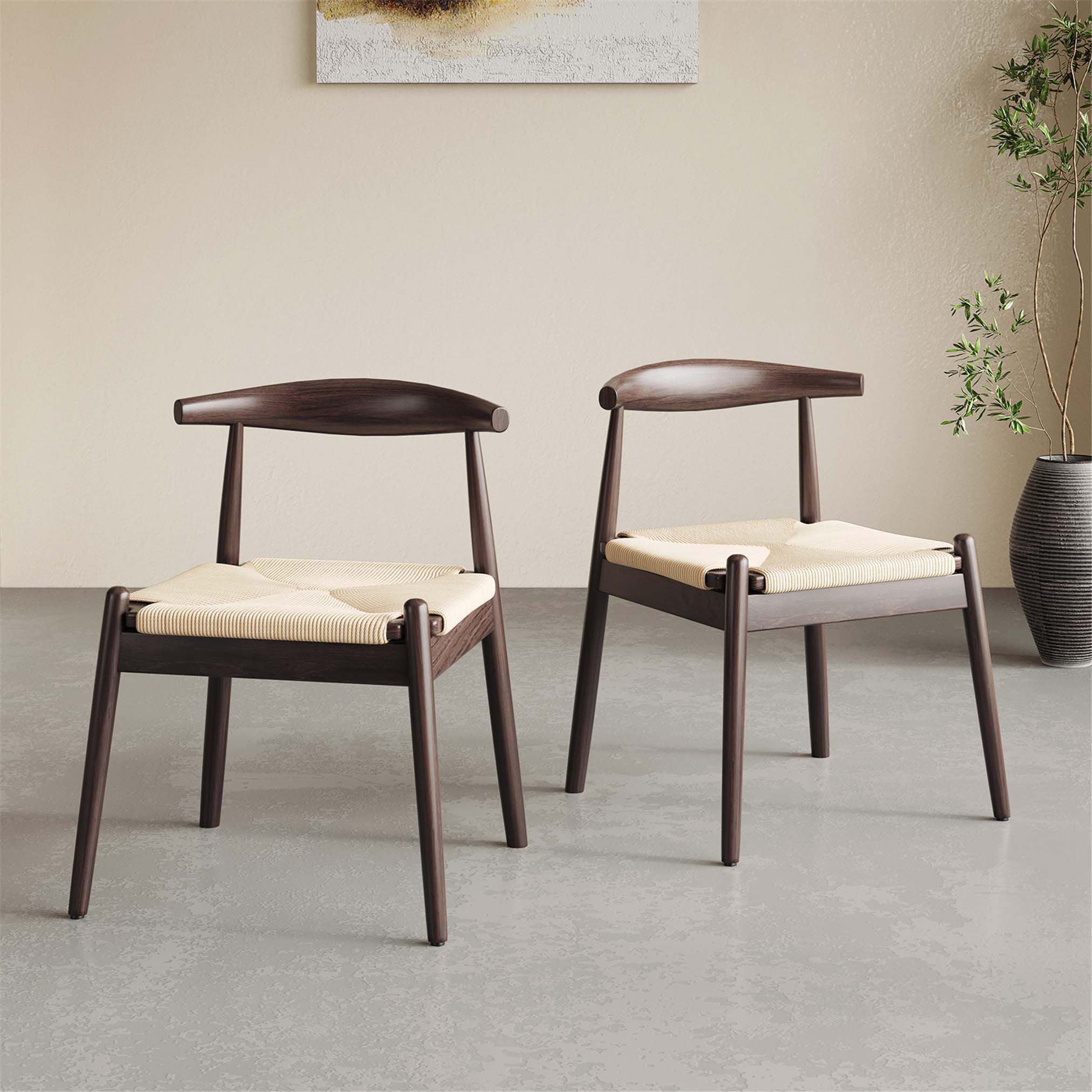 Weave Dining Chairs Set of 2, Mid-Century Modern Kitchen Chair with Solid Oak Frame & Handwoven Seat for Living Dining Room