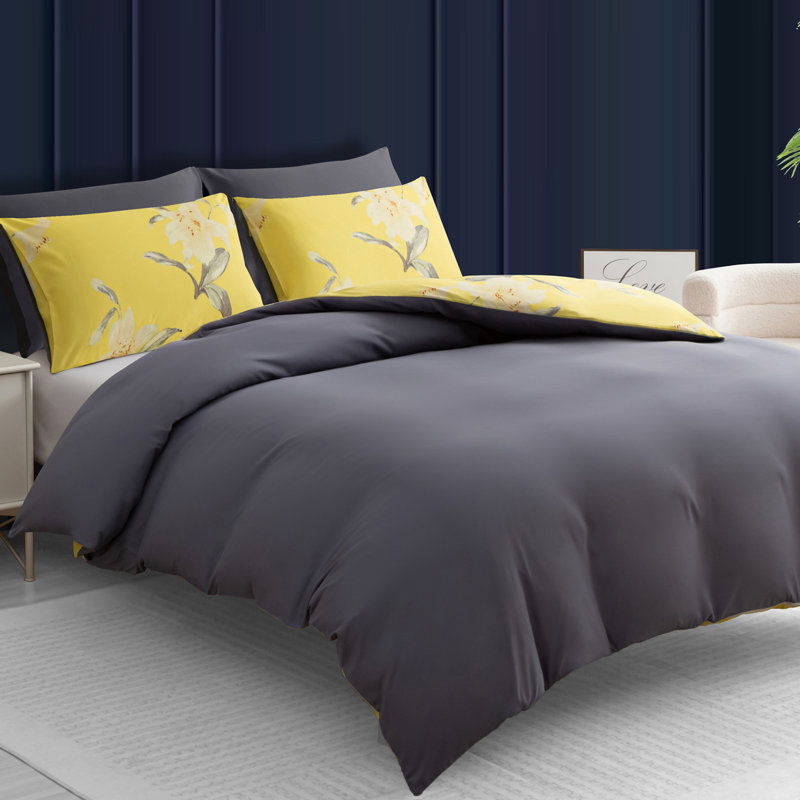 Microfiber Floral Duvet Cover Set, Double (200cm x 200cm), Yellow & Grey