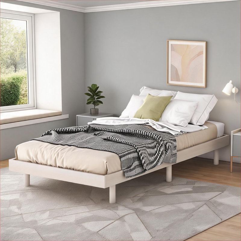 Structure de lit simple flottant, moderne et doux, blanc et moderne, sans sommier, fabrication en panneau de particules