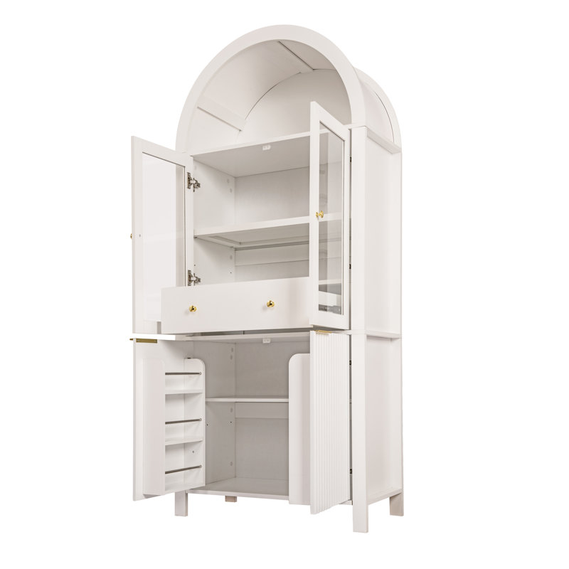 Fluted Tall Arched Pantry Cabinet With Adjustable Shelves, Elegant Display Storage With Hidden Drawer & Glass Door For Kitchen And Living Spaces