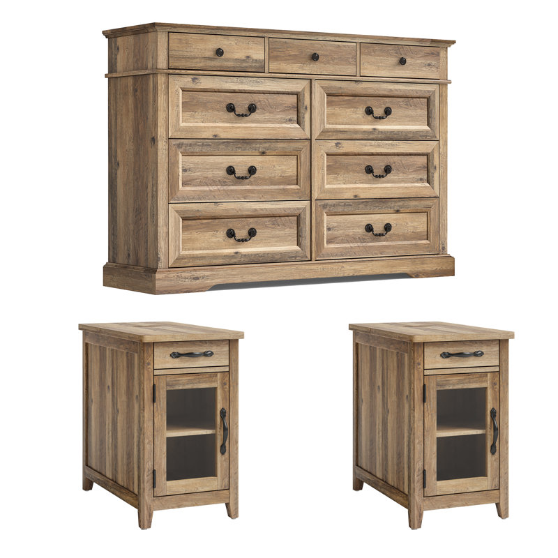 Vann 3-Piece Bedroom Set Include 9-Drawer Dresser And Two Nightstands, Brown