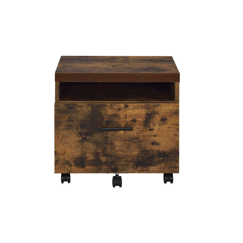 Classeur en chêne vieilli et noir - assemblé, rectangulaire, plateau en bois, pieds et compartiment en métal avec pieds de rangement verrouillables
