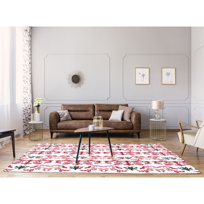 Tapis blanc / rouge Damask, Rectangle 9 pi x 12 pi