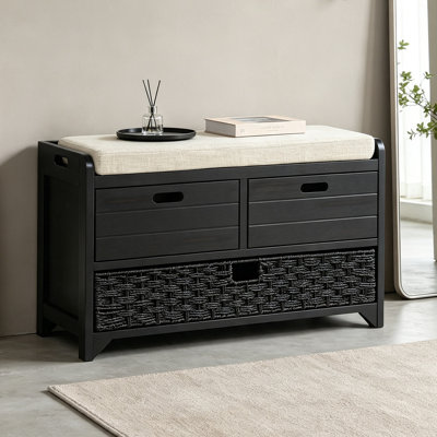 Banc de rangement avec panier amovible et 2 tiroirs, banc à chaussures entièrement assemblé avec coussin amovible