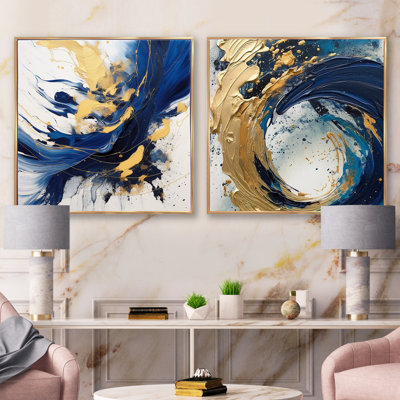 Dark Blue And Gold Strokes II - Fractals Square Collage Set Of 2