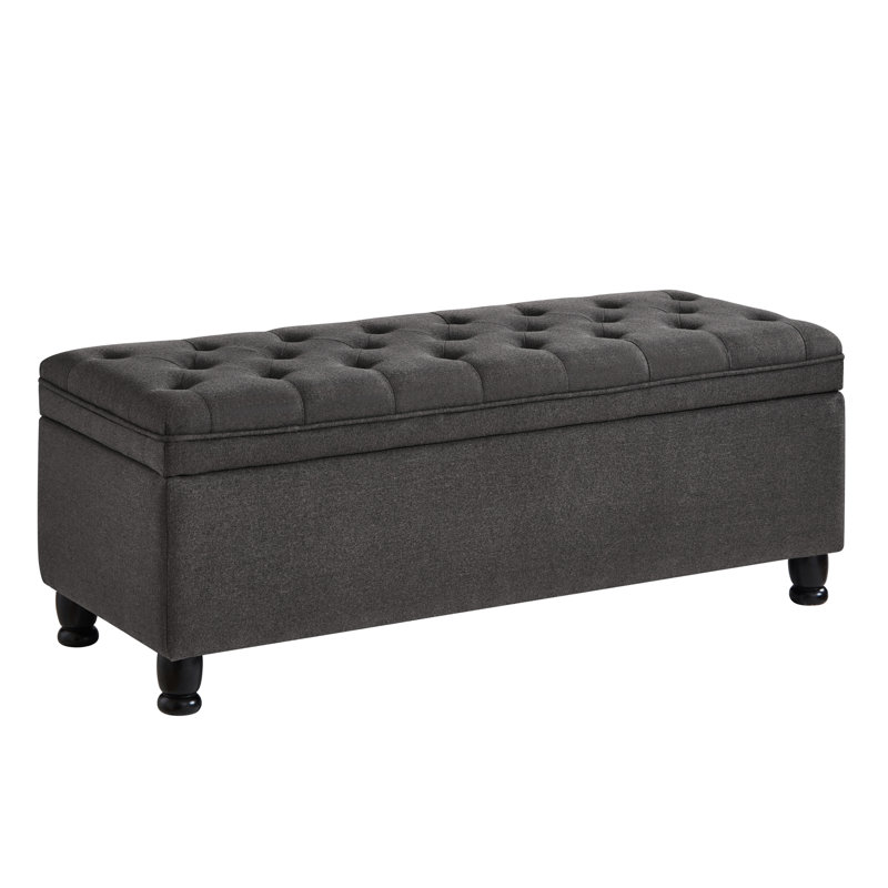 Dark Gray Button Storage Bench With Linen Cover And Spacious Interior Fabric Solid Wood Legs, Dark Gray