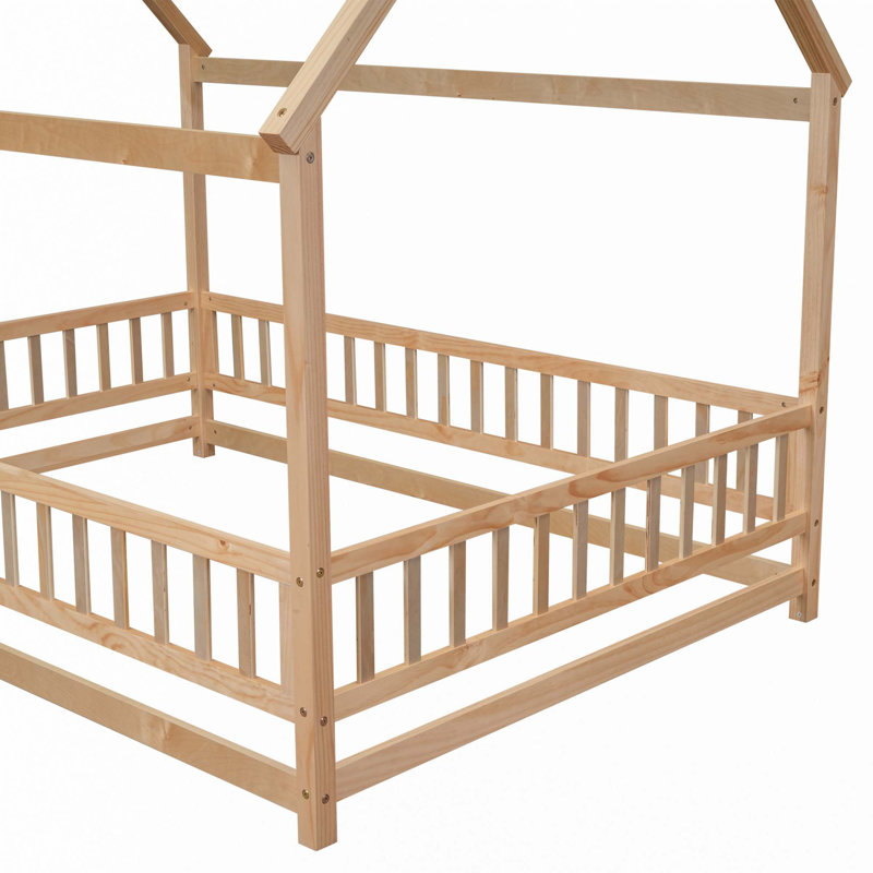 Lit de plancher en bois avec cadre de toit de maison, garde-corps de clôture, Naturel, Double